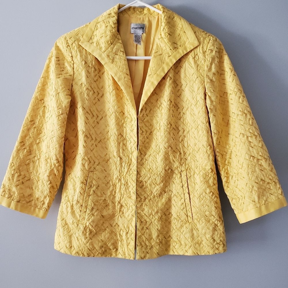 Chico's Yellow Textured Stich 3/4 Sleeve Blazer Size 4